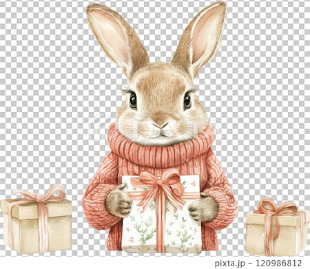 cute rabbit wearing cozy sweater holds beautifully wrapped gift, surrounded by more presents. This charming illustration captures joy of giving 120986812