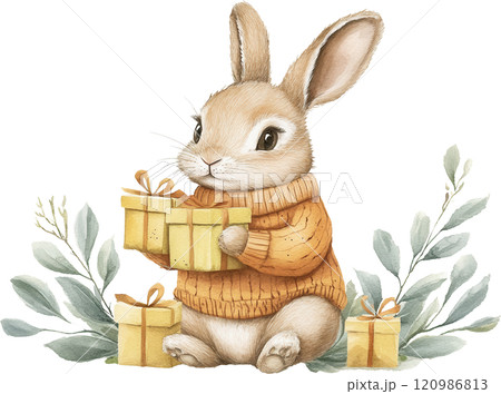 Cute rabbit holding gifts in cozy sweater surrounded by greenery, perfect for festive themes. This charming illustration captures joy of giving and celebration 120986813