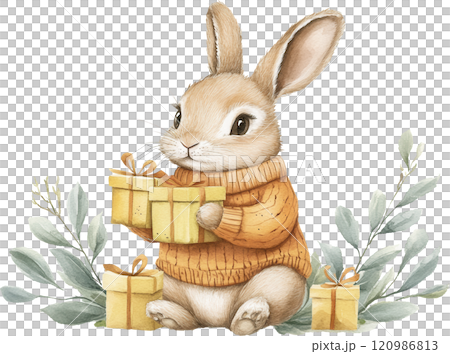 Cute rabbit holding gifts in cozy sweater surrounded by greenery, perfect for festive themes. This charming illustration captures joy of giving and celebration 120986813