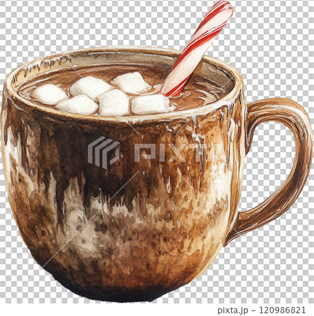 Warm and cozy hot chocolate in brown mug, topped with marshmallows and festive candy cane, perfect for winter celebrations and holiday gatherings 120986821