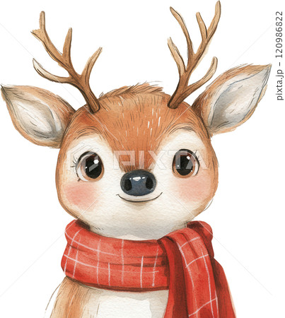 Cute deer illustration with antlers and red scarf, exuding cheerful and friendly vibe. Perfect for holiday themes or children decor 120986822