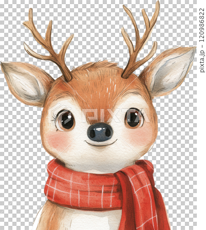 Cute deer illustration with antlers and red scarf, exuding cheerful and friendly vibe. Perfect for holiday themes or children decor 120986822