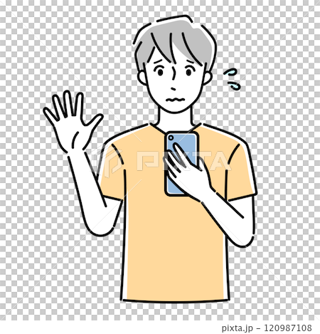 A man operating a smartphone with an anxious expression 120987108