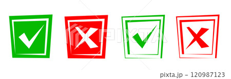 Yes or no symbol, approved or rejected icon for user interface. Green check mark and red cross. Correct or incorrect icons. Yes or no symbol, approved or rejected icon for user interface. Green check mark and red cross. Correct or incorrect icons. 120987123