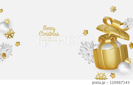 Happy New Year and Merry Christmas. Christmas holiday background with realistic 3d objects, bauble balls, conical metal stars. Levitation falling design composition. 120987143