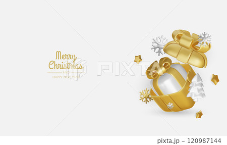Christmas winter festive composition. Colorful Xmas background realistic 3d decorative design objects, christmas tree, gift boxes, xmas ball, gold confetti. Happy New Year. Vector illustration Christmas winter festive composition. Colorful Xmas background realistic 3d decorative design objects, christmas tree, gift boxes, xmas ball, gold confetti. Happy New Year. Vector illustration 120987144