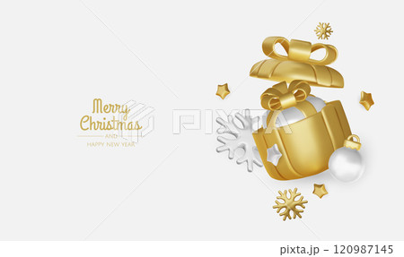 Christmas winter festive composition. Colorful Xmas background realistic 3d decorative design objects, christmas tree, gift boxes, xmas ball, gold confetti. Happy New Year. Vector illustration 120987145