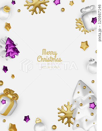 Christmas winter festive composition. Colorful Xmas background realistic 3d decorative design objects, christmas tree, gift boxes, xmas ball, gold confetti. Happy New Year. Vector illustration Christmas winter festive composition. Colorful Xmas background realistic 3d decorative design objects, christmas tree, gift boxes, xmas ball, gold confetti. Happy New Year. Vector illustration 120987146