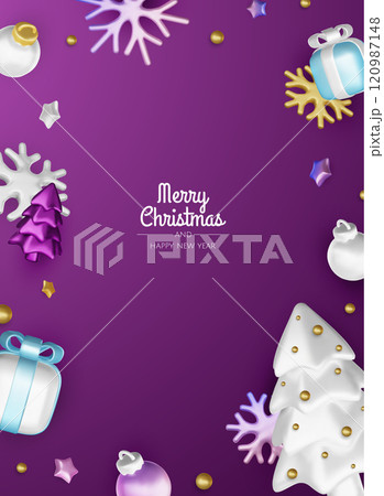 Happy New Year and Merry Christmas. Christmas holiday background with realistic 3d objects, bauble balls, conical metal stars. Levitation falling design composition. 120987148