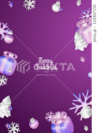 Christmas winter festive composition. Colorful Xmas background realistic 3d decorative design objects, christmas tree, gift boxes, xmas ball, gold confetti. Happy New Year. Vector illustration 120987150