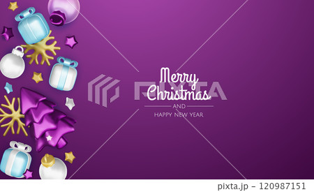 Christmas winter festive composition. Colorful Xmas background realistic 3d decorative design objects, christmas tree, gift boxes, xmas ball, gold confetti. Happy New Year. Vector illustration Christmas winter festive composition. Colorful Xmas background realistic 3d decorative design objects, christmas tree, gift boxes, xmas ball, gold confetti. Happy New Year. Vector illustration 120987151