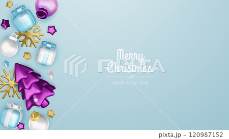 Christmas winter festive composition. Colorful Xmas background realistic 3d decorative design objects, christmas tree, gift boxes, xmas ball, gold confetti. Happy New Year. Vector illustration Christmas winter festive composition. Colorful Xmas background realistic 3d decorative design objects, christmas tree, gift boxes, xmas ball, gold confetti. Happy New Year. Vector illustration 120987152