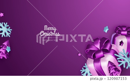 Happy New Year and Merry Christmas. Christmas holiday background with realistic 3d objects, bauble balls, conical metal stars. Levitation falling design composition. 120987153