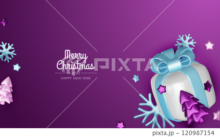 Christmas winter festive composition. Colorful Xmas background realistic 3d decorative design objects, christmas tree, gift boxes, xmas ball, gold confetti. Happy New Year. Vector illustration Christmas winter festive composition. Colorful Xmas background realistic 3d decorative design objects, christmas tree, gift boxes, xmas ball, gold confetti. Happy New Year. Vector illustration 120987154