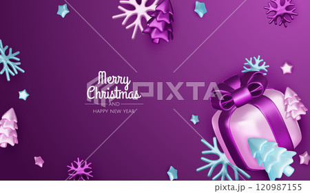 Christmas winter festive composition. Colorful Xmas background realistic 3d decorative design objects, christmas tree, gift boxes, xmas ball, gold confetti. Happy New Year. Vector illustration 120987155