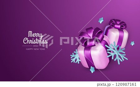 Happy New Year and Merry Christmas. Christmas holiday background with realistic 3d objects, violet and white bauble balls, conical metal stars, gift. Levitation falling design composition. 120987161