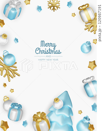 Happy New Year and Merry Christmas. Christmas holiday background with realistic 3d objects,gold and blue bauble balls, conical metal stars. Levitation falling design composition. 120987191