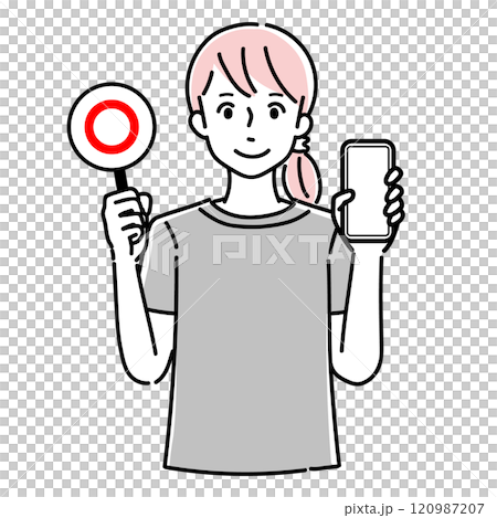 A woman holding a smartphone and a true or false card 120987207