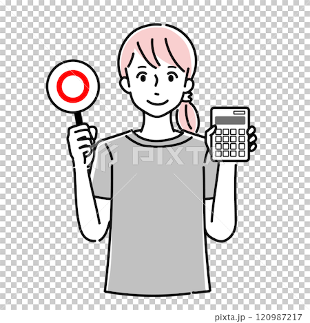 電卓とマルバツ札を持っている女性のイラスト 120987217