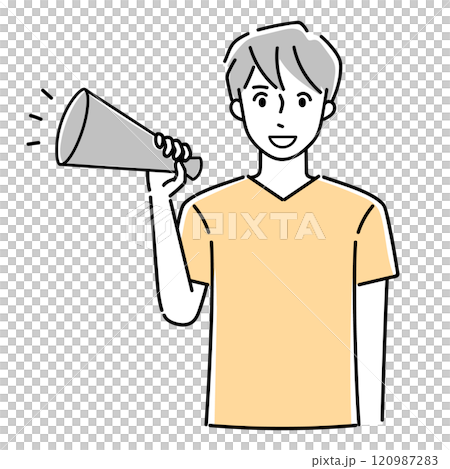 メガホンで応援する男性 120987283