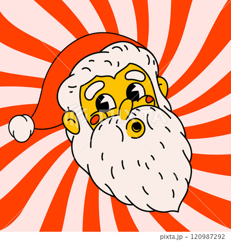 Groovy Christmas cartoon card. vintage funny Santa Claus whistles. Ideal for Christmas and New Year sticker designs and decorations, vector illustration Groovy Christmas cartoon card. vintage funny Santa Claus whistles. Ideal for Christmas and New Year sticker designs and decorations, vector illustration 120987292
