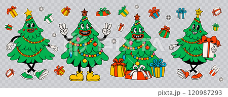 Groovy Christmas tree cartoon stickers, vintage funny fur tree characters with happy faces. Ideal for Christmas and New Year sticker designs and decorations, vector illustration Groovy Christmas tree cartoon stickers, vintage funny fur tree characters with happy faces. Ideal for Christmas and New Year sticker designs and decorations, vector illustration 120987293