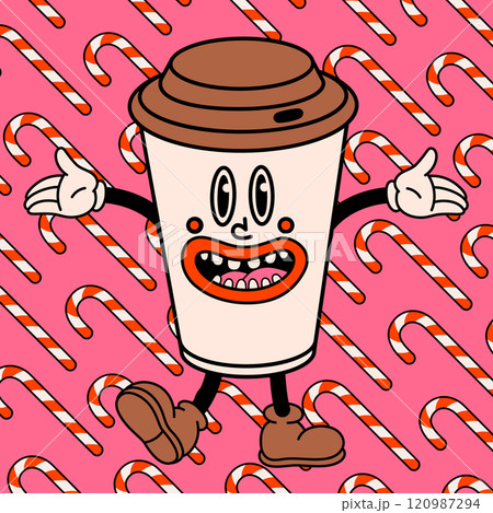 Groovy cartoon coffee cup with happy face, vintage funny paper cup on christmas candy cane background. Ideal for Christmas and New Year sticker designs and decorations, vector illustration 120987294