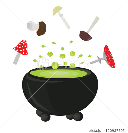 Cauldron with witchs potion and ingredients. Vector illustration isolated on white background. Cauldron with witchs potion and ingredients. Vector illustration isolated on white background. 120987295