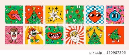 Retro style Christmas mini cards or stickers with groovy Christmas characters and objects. Ideal for Christmas and New Year sticker designs and decorations, vector illustration Retro style Christmas mini cards or stickers with groovy Christmas characters and objects. Ideal for Christmas and New Year sticker designs and decorations, vector illustration 120987296