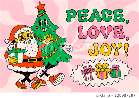 Groovy Christmas cartoon poster. vintage funny Santa Claus and Christmas tree with happy faces and peace love joy text. Ideal for Christmas and New Year sticker designs and decorations, vector 120987297