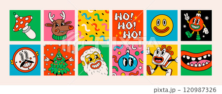 Retro style Christmas mini cards or stickers with groovy Christmas characters and objects. Ideal for Christmas and New Year sticker designs and decorations, vector illustration Retro style Christmas mini cards or stickers with groovy Christmas characters and objects. Ideal for Christmas and New Year sticker designs and decorations, vector illustration 120987326