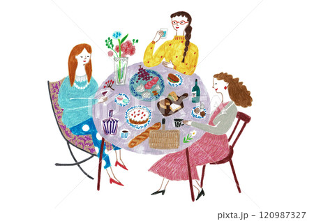 手描きイラスト テーブルを囲んで食事をする女性たち 手描きイラスト テーブルを囲んで食事をする女性たち 120987327