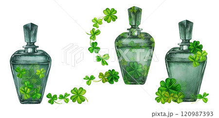 Vintage green glass bottles with four leaf clover. Set of watercolor illustration template. Decorative elements for holiday print design: invitations, cards, borders, postcards, banners 120987393