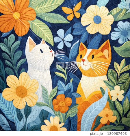 Whimsical Cat Duo in Floral Wonderland 120987498
