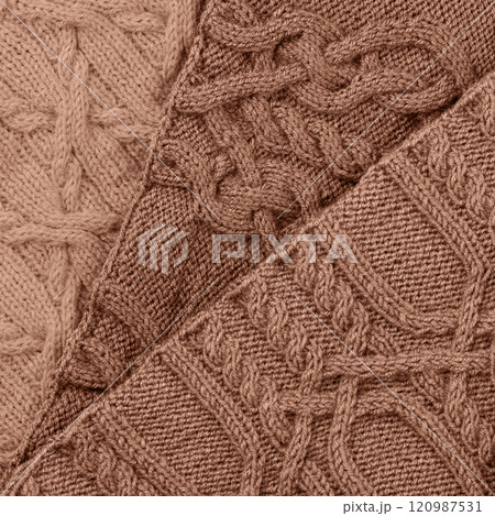 Demonstrating the colors of 2025 - Mocha Mousse. Knitted abstract background in three shades in trendy colors 2025. Large knitted blanket or sweater with pattern. Color concept. 120987531