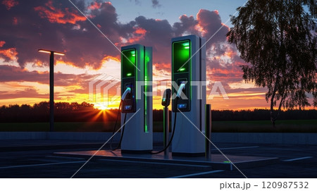 Electric Vehicle Charging Stations Located at Sunset Provide Convenience and Scenic Views 120987532