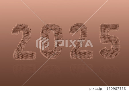 Demonstrating the colors of 2025 - Mocha Mousse. Knitted numbers 2025 isolated on a brown background. Color concept. 120987538