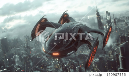 A Futuristic Drone Gliding Gracefully Through a Vibrant Cyberpunk Cityscape at Night 120987556