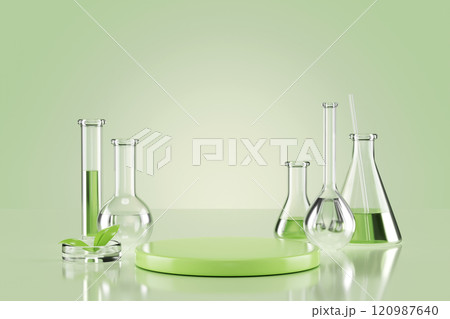 Lab glass setting with green podium display and eco experiment concept. 3d render scientific research setup with test tubes, flask, beakers with transparent liquid, petri dish containing plant leaf. Lab glass setting with green podium display and eco experiment concept. 3d render scientific research setup with test tubes, flask, beakers with transparent liquid, petri dish containing plant leaf. 120987640