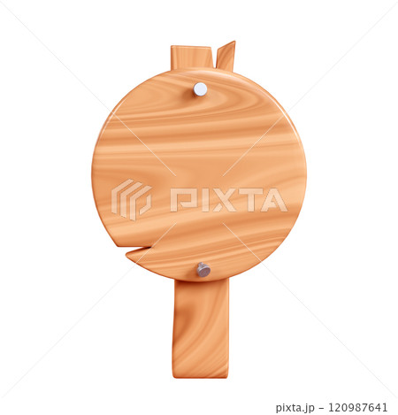 Wooden round plaque with cracks and nails on pole for text box. Cartoon 3d render illustration circular signboard with brown wood texture. Vintage rustic timber plank, board frame with fracture 120987641