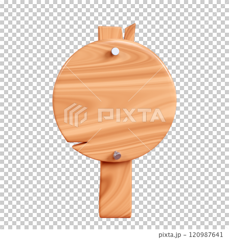 Wooden round plaque with cracks and nails on pole for text box. Cartoon 3d render illustration circular signboard with brown wood texture. Vintage rustic timber plank, board frame with fracture 120987641