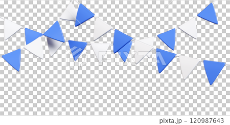 Party bunting border with alternating blue and white triangular flags on string. 3d render festive decoration element for celebration designs. Decorative frame or holiday celebratory layout. 120987643