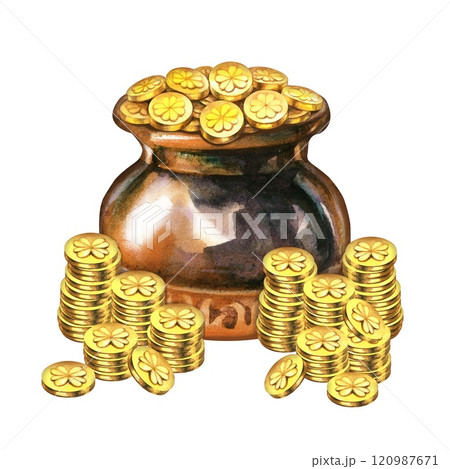Vintage pot with leprechaun gold coins and four leaf clover for St. Patrick's Day watercolor template. Decorative elements for holiday print design: invitations, cards, borders, banners Vintage pot with leprechaun gold coins and four leaf clover for St. Patrick's Day watercolor template. Decorative elements for holiday print design: invitations, cards, borders, banners 120987671