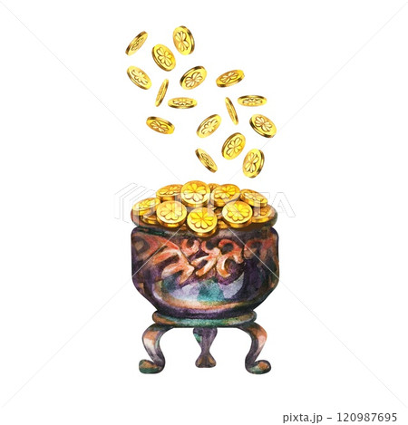 Vintage pot with leprechaun gold coins and four leaf clover for St. Patrick's Day watercolor template. Decorative elements for holiday print design: invitations, cards, borders, banners Vintage pot with leprechaun gold coins and four leaf clover for St. Patrick's Day watercolor template. Decorative elements for holiday print design: invitations, cards, borders, banners 120987695