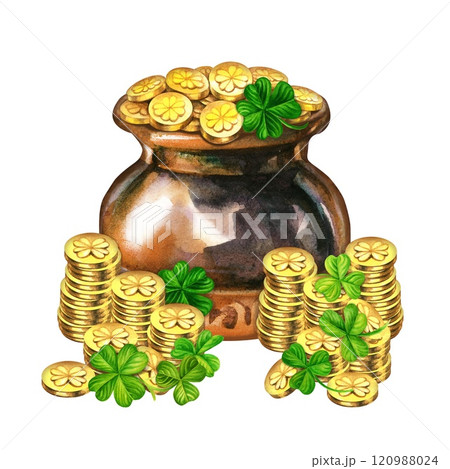 Vintage pots with leprechaun gold coins and green four leaf clover for St. Patrick's Day watercolor template. Set of decorative elements for holiday print design: invitations, cards, borders, banners 120988024