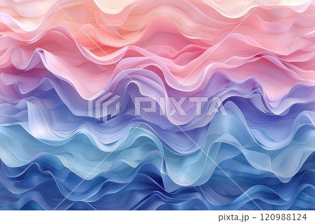 Abstract background of pink, purple, and blue fabric with wave-like texture. 120988124