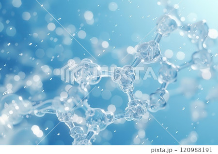 Abstract 3D rendering of a molecule with water drops, science and technology concept Abstract 3D rendering of a molecule with water drops, science and technology concept 120988191