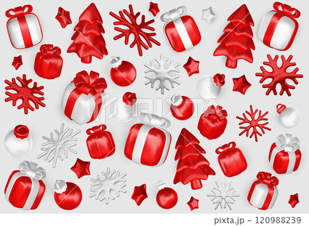 Set of Christmas festive elements for design. Holiday Decoration Shop bag, gift box, cone toy, christmas tree, xmas candy cane, snow globe. Realistic 3d object in cartoon style. vector illustration Set of Christmas festive elements for design. Holiday Decoration Shop bag, gift box, cone toy, christmas tree, xmas candy cane, snow globe. Realistic 3d object in cartoon style. vector illustration 120988239