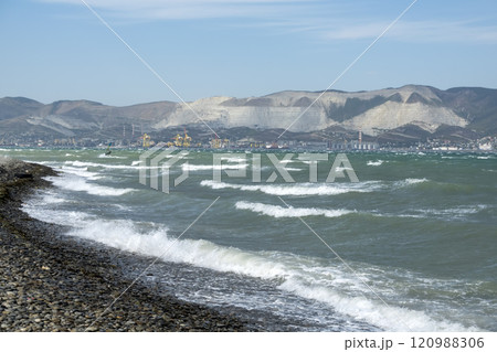 View of a stormy seascape of waves and the Black Sea View of a stormy seascape of waves and the Black Sea 120988306