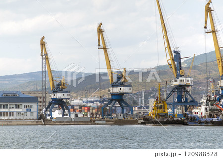 Novorossiysk, Russia 08.18.2023 Port cranes,Black Sea port Krasnodar Territory Novorossiysk Novorossiysk, Russia 08.18.2023 Port cranes,Black Sea port Krasnodar Territory Novorossiysk 120988328